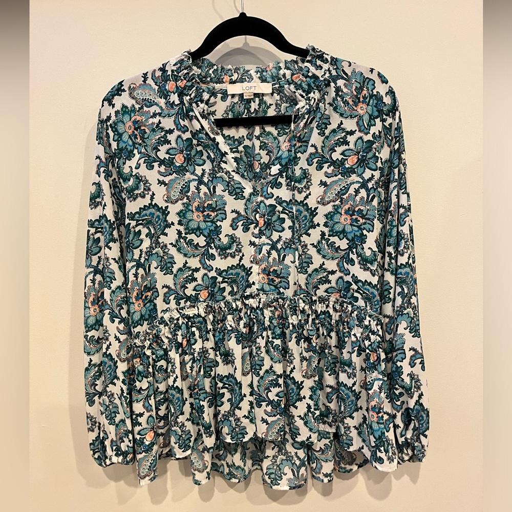 LOFT Teal and White Floral Blouse